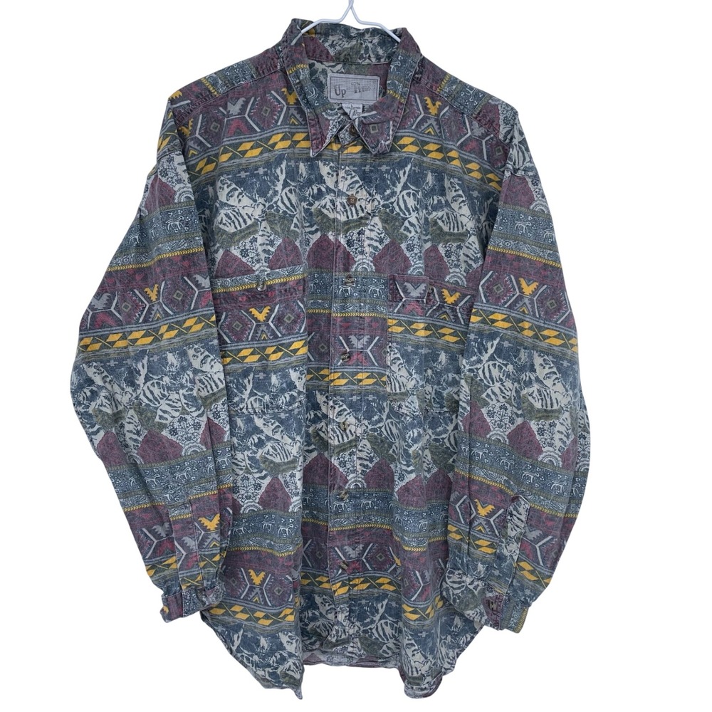 Vintage 90s Up-Time Southwestern / Aztec Pattern Casual Button Shirt Down Large